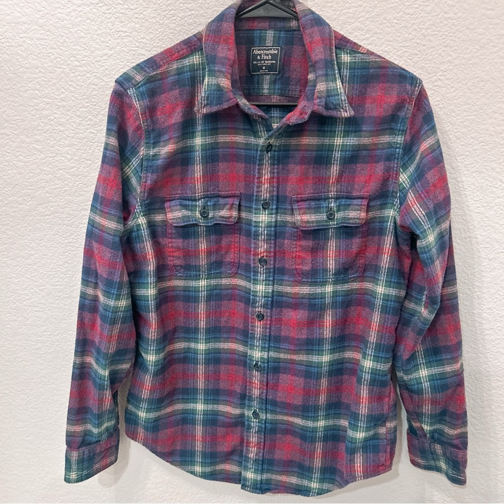 Abercrombie Fitch Blue Plaid Flannel Shirt Button Up Long Sleeve Men’s Med Y2K